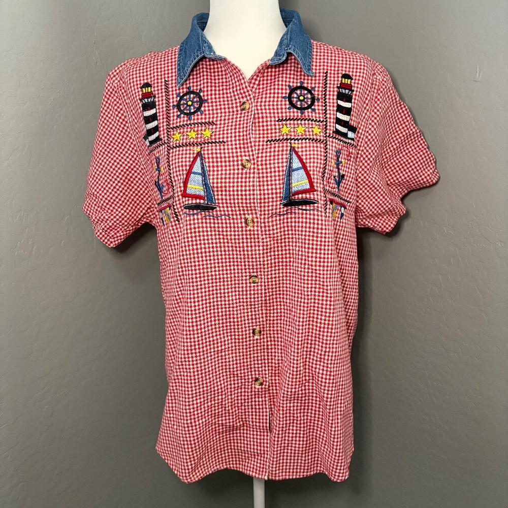 Vintage Bobbie Brooks Red & White Gingham Embroidered Nautical‎ Size Large